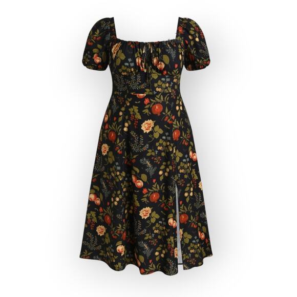 Cider Fruit Print Square Neck Puff Sleeve Midi Dress – Curve 1XL - Picture 1 of 9